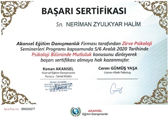 Psikoloji Biliminde Mutluluk Konulu Sertifika