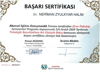 Psikolojik Bozukluklara Act Gözüyle Bakış Sertifikası